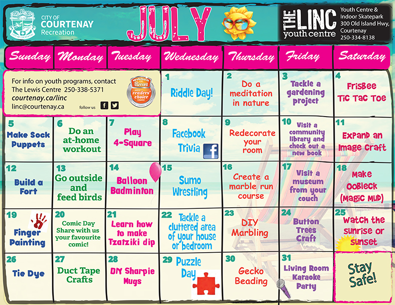 July Activity Calendar for Youth at Home City of Courtenay